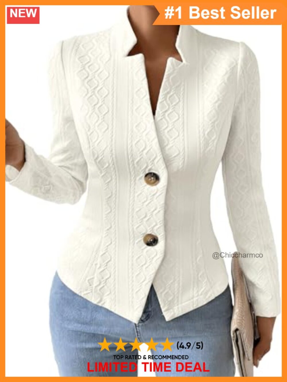 Jacquard Knit Blazer Jacket Slim V-Neck Full-Lined Business Casual